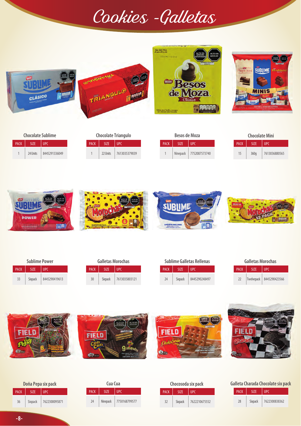 Dulces, chocolates y galletas, empaques mostrados en el catálogo oficial
