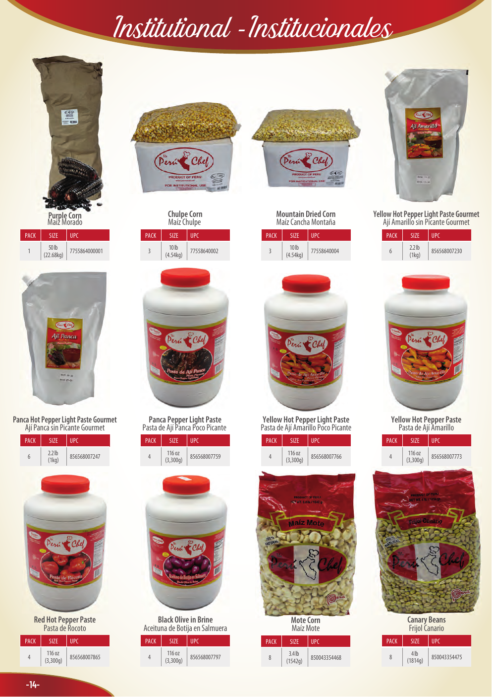 Productos institucionales PeruChef en empaques oficiales para restaurantes